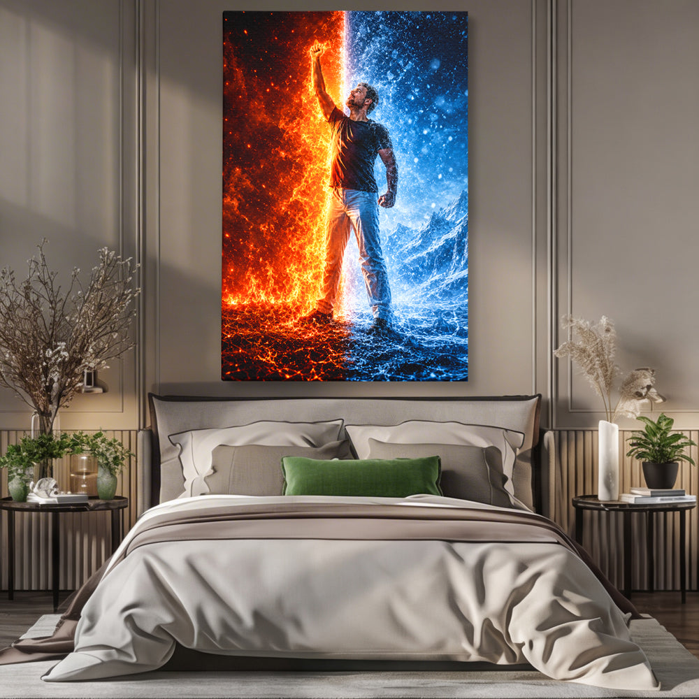 Tablou canvas cu tablou digital cu barbat si elemente de foc si gheata, pe perete intr-un dormitor